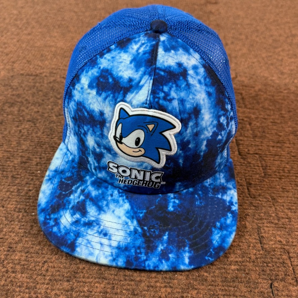 A- Sonic The Hedgehog Kids Blue Tie Dye Trucker Hat Snapback Cap OSFA RN115665